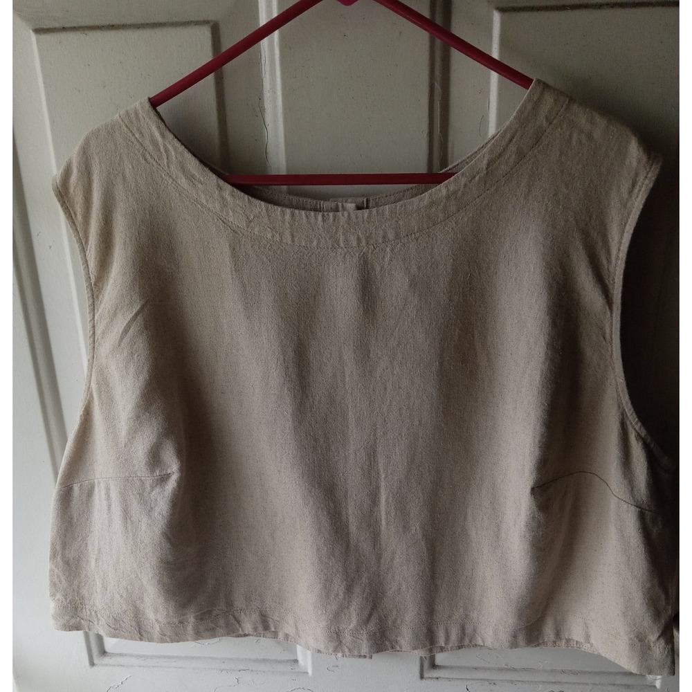Sleeveless Size XXL Linen Blend Crop Top Round Neck Casual Beige Coastal Chic